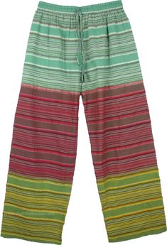 Three Color Bohemian Pajama Pants - These colorful unisex pants are made from cotton seersucker which is a naturally breathable fabric. The beautiful yarn-dyed pattern is soft and the colors are bright. You will feel comfortable and free in these light, loose, sweat pants and the elastic waist allow for a great fit on almost any figure. These pants are very chic, boho, and so liberal with their striped design and three ranges of color and they are unisex. You can wear it with any t-shirt or top. Multicolor Cotton Harem Pants For Beach, Multicolor Cotton Pants For Summer, Summer Multicolor Cotton Pants, Multicolor Relaxed Fit Pants For Vacation, Relaxed Fit Cotton Harem Pants For Vacation, Summer Cotton Harem Pants With Relaxed Fit, Bohemian Striped Bottoms For Spring, Green Cotton Vacation Pants, Multicolor Cotton Summer Pants