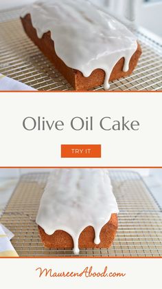 an image of a cake with white icing on it and the words olive oil cake