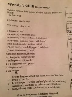 the menu for wendy's chili recipe is shown in black and white, as well as instructions on how to make it