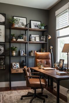 a home office with an old - fashioned desk, leather chair and bookshelf