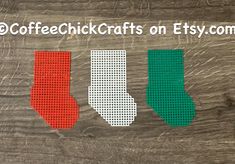 three cross stitch christmas stockings with the word coffee chick crafts on etsy com