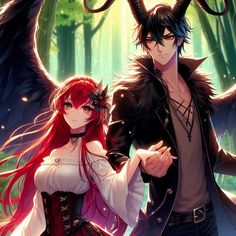 two anime characters are standing in the woods