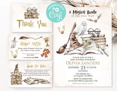 a set of three books and glasses themed baby shower or birthday party cards with envelopes