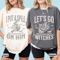 Get ready for the ultimate Witch Halloween bachelorette party with our matching Comfort Colors tees! Perfect for a spooky celebration in Salem or a Gothic-themed bach party, these shirts are designed for the bride and her tribe. Featuring a retro witch and vintage apothecary love potion, they are a great way to celebrate a Halloween bridal party. Please note that all ivory shirts will feature the 'Spell' design, while all other colors will feature the 'Let's Go Witches' design. The red color is Spooky Bride, Bachelorette T Shirts, Retro Witch, Vintage Apothecary, Bachelorette Tshirts, Spell Designs, Bach Party, Witch Halloween, Bachelorette Shirts