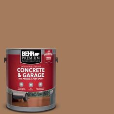 behr premium concrete and garage paint in brown with the words concrete and garage on it