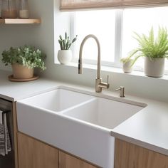 a white kitchen sink sitting under a window next to a potted plant on top of a counter