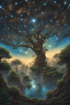 a painting of a tree in the middle of a forest with stars and clouds above it