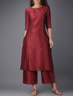 Maroon A-line Kurta With Palazzo FABRIC DETAILS: TOP COLOR - MAROON, TOP FABRIC - CHANDERI BOTTOM COLOR- MAROON, BOTTOM FABRIC- CHANDERI Salwar Designs, Kurti Set, Kurta Neck Design, Cotton Kurti Designs