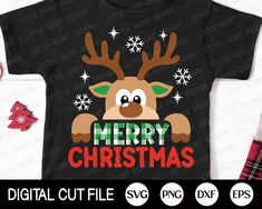 merry christmas reindeer with green eyes and red nose on black t - shirt, svt file