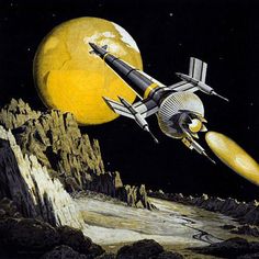 an image of a space ship flying in the sky over mountains and rocks with a yellow moon behind it