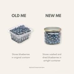 two containers with blueberries and an old me container next to each other on a white background