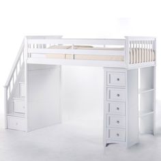 a white desk with drawers underneath it and a bunk bed on the bottom shelf next to it