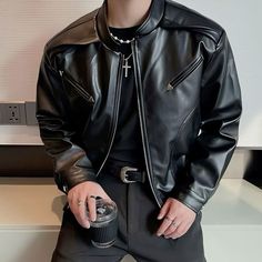 Black Leather Aesthetic Men, Badboy Outfit Man, Starboy Jacket, Leather Jacket Outfit Men Aesthetic, Badboy Aesthetics, Star Boy Style, Black Leather Jacket Outfit Men, Mens Starboy Outfits, Men Leather Jacket Outfit