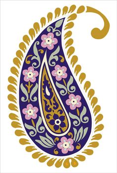 a blue and gold paisley design with flowers