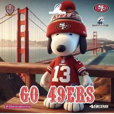 a cartoon dog wearing a football jersey and hat with the golden gate bridge in the background