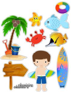 a boy standing next to a surfboard and various stickers