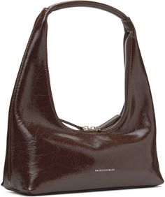 Crinkled leather shoulder bag in brown. Logo stamp in silver-tone at face. · Carry handle · Two-way zip closure · Patch pocket at interior · Logo-woven canvas lining in black · Silver-tone hardware · H5 x W11.5 x D3 in Supplier color: Dark brown crinkle Hobo Bag Outfit, Marge Sherwood, Interior Logo, Brown Logo, Silver Bags, Brown Bag, Material Girl, Brown Bags