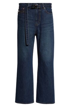 Chitose Abe blends a drapey squeeze-buckle belt and a zip-bisected coin pocket into the cropped silhouette of these bootcut jeans in nonstretch Japanese denim. 25" inseam; 17" leg opening; 11 1/2" front rise; 16" back rise (size 2) Zip fly with button closure Removable belt Five-pocket style 100% cotton Dry clean or machine wash, dry flat Made in Japan Designer Clothing Asian & Pacific Islander Owned/Founded Modern Cropped Leg Flare Jeans With Belt Loops, Modern Cropped Flare Jeans With Belt Loops, Modern Cropped Flare Jeans, Denim Blue Cropped Jeans With Belt Loops For Fall, Fall Denim Blue Cropped Jeans With Belt Loops, Cropped Leg Dark Wash Flare Jeans With Belt Loops, Fall Cropped Leg Flare Jeans With Belt Loops, Chic Mid-rise Cropped Jeans With Belt Loops, Denim Blue Cropped Leg Flare Jeans With Belt Loops