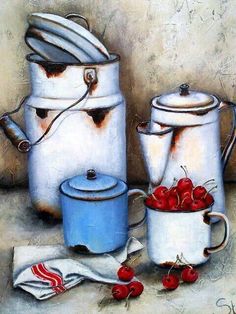 a painting of three pots and two buckets with cherries in them on a table