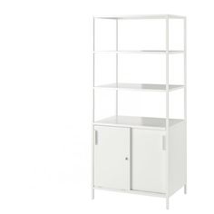 a white shelving unit with doors and drawers