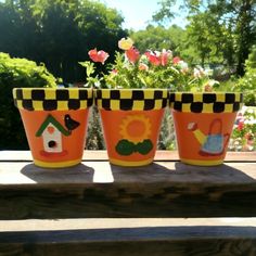 three flower pots sitting on top of a wooden table