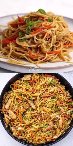 two plates filled with noodles and vegetables next to each other