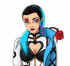 a cartoon character with blue hair and piercings on her head, holding a rose