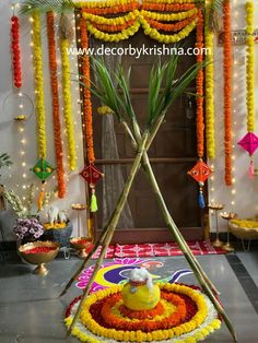 an arrangement of flowers and decorations on display