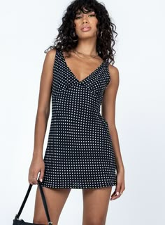 Mini dress Polka dot print  V neck Singe waist tie at back Invisible zip fastening at side  Wide shoulder straps A line fit Casual Mini Dress, Drawstring Dresses, Printed Summer Dresses, Mini Dress Black, Mini Dress Casual, Club Party, Polka Dot Print, Black Polka Dot, Dot Print