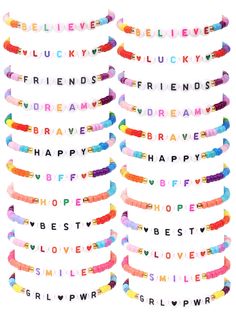 a bunch of bracelets that say happy birthday and have the words spelled in different languages