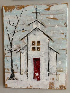 a painting of a white church with red door and trees in the snow on a wall