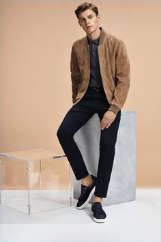 Leading model Janis Ancens sports a suede bomber jacket with a polo shirt, slim-fit pants, and sneakers by BOSS Hugo Boss. Best Business Casual Outfits, Business Casual Dress Code, Polo Shirt Outfits, Boss Outfit, Business Casual Shirts, Fashion Business Casual, Mode Casual, Business Casual Dresses, Outfit Trends