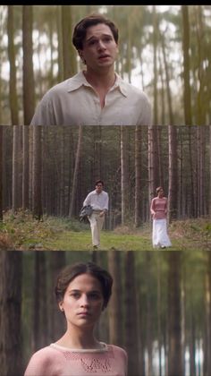 two different pictures of people standing in the woods, one is looking at another man