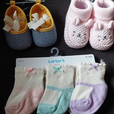 Pair Of Denim Shoes, Pink Booties And Six Pais Of Mary Jane Socks. Casual Pink Non-slip Booties, Cute Booties For First Birthday In Spring, Pink Non-slip Booties For Spring, Pink Booties For Playtime In Spring, Playful Pink Non-slip Booties, Casual Pink Booties For Spring, Casual Pink Spring Booties, Cute Pink Booties For First Birthday, Cute Pink First Birthday Booties