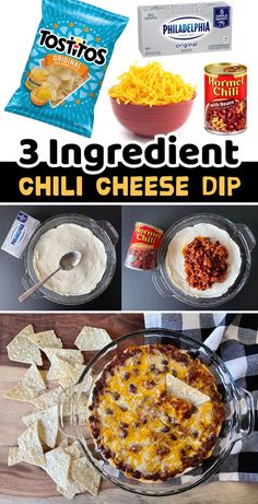 three ingredient chili cheese dip recipe with chips and tortilla chips on the side