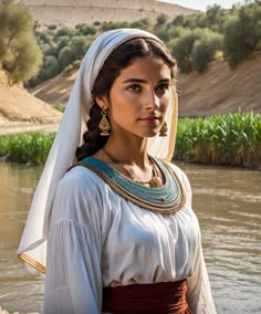 a beautiful young woman dressed in traditional clothing standing next to a river and looking at the camera