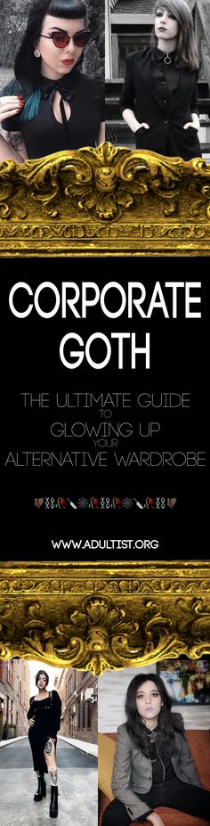 Corporate goth girlies ready to rock inside the office or out Goth Glow Up, Gothic Office Outfit Corporate Goth, Gothic Business Casual Corporate Goth, Witchy Office Outfit, Corporate Goth Makeup, Corporate Goth Plus Size, Office Goth Work Outfits, Goth Office Fashion, Corp Goth Work Outfits