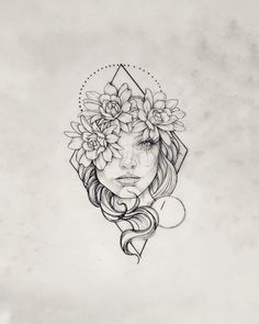 a drawing of a woman with flowers on her head and an arrow in the middle