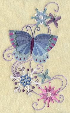 two butterflies and snowflakes on a yellow background with pink, purple, and blue accents