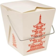 a white box with red designs on the front and sides, attached to a metal handle