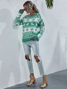 F00213003-202 Green Casual Christmas Sweater, Casual Holiday Sweater With Fair Isle Pattern, Green Casual Holiday Sweater, Casual Fair Isle Pattern Tops For Christmas, Casual Green Holiday Sweater, Green Holiday Sweater For Winter, Green Winter Holiday Sweater, Christmas Sweater Women, Christmas Sweaters For Women