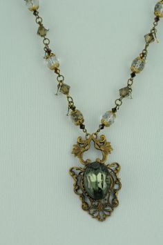 Ornate Vintage Crystal Necklace with Antique by MonforteJewelry, $200.00 Grunge Jewelry Necklaces Crystal, Vintage Necklace Aesthetic, Vintage Necklace Antiques, Dark Academia Jewelry, Grunge Necklace, Mind Palace, Grunge Jewelry, Vintage Pendant Necklace, Indie Jewelry