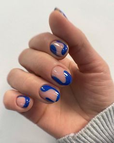 Blue Abstract Nail Art, Short Graphic Nails, Fun Winter Nail Designs, Nails With Waves, Simple Colorful Nails, Gel Short Nail Designs, Subtle Fourth Of July Nails, Small Nail Art Designs, Nail Tip Art