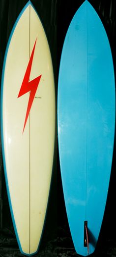 two surfboards side by side, one with a lightning bolt on it and the other blue