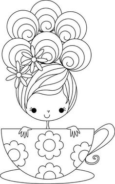 a girl with flowers in her hair is holding a coffee cup