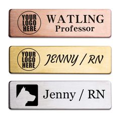 three metal name tags with the names of different companies and their logos on each one