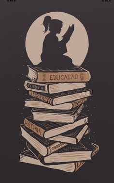 a stack of books with the silhouette of a girl reading on top of them, in front of a full moon