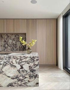 a marble counter top in a room with wood paneling and large glass doors leading to the outside