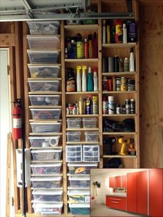 the shelves are filled with many different types of crafting supplies and tools in storage