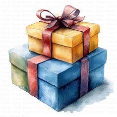 watercolor painting of three gift boxes with a bow